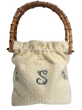 Vintage Monogram “S” Embroidered Cross Stitch Bamboo Handle Cottagecore Bag